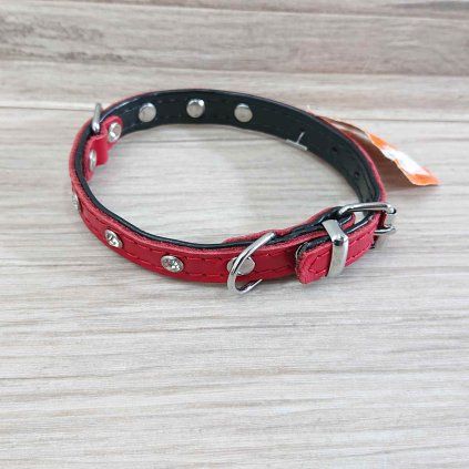 Červený kožený obojek s kamínky, 30m x 12mm BafPet